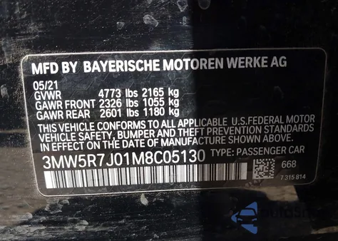 2021 BMW 330Xi z USA, uszkodzony, nr VIN 3MW5R7J01M8C05130